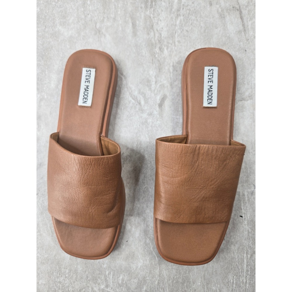 Steve Madden Holmes Square Toe Flat Slide Sandals 9.5 Brown Leather Minimalist